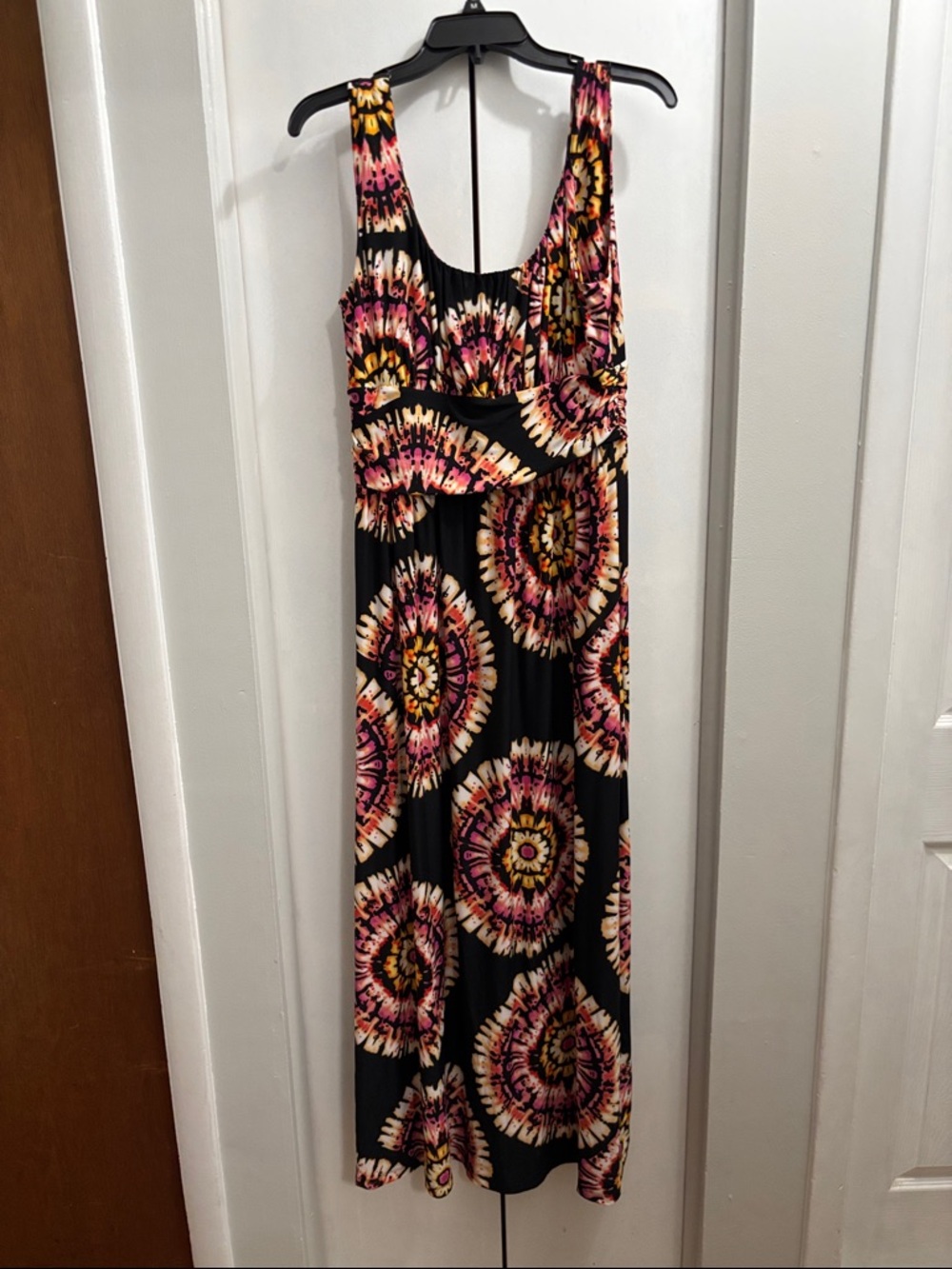 AB Studio Black Maxi Dress with Pink and Yellow Medallion Print